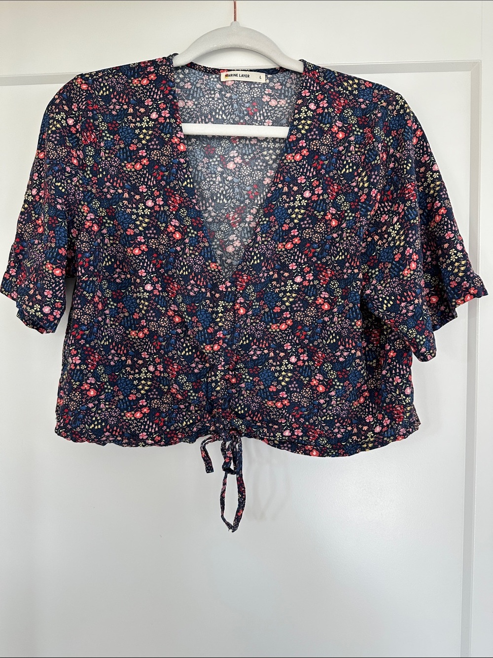 Marine Layer Navy Floral Tie-Front V-Neck Blouse